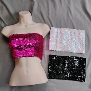 Festival Sequin Bandeau Tube Tops Set of 3 Sparkly Pink White Black OS Stretchy